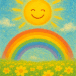 明るい太陽と虹の花畑