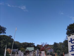 神社越しに青空を望む